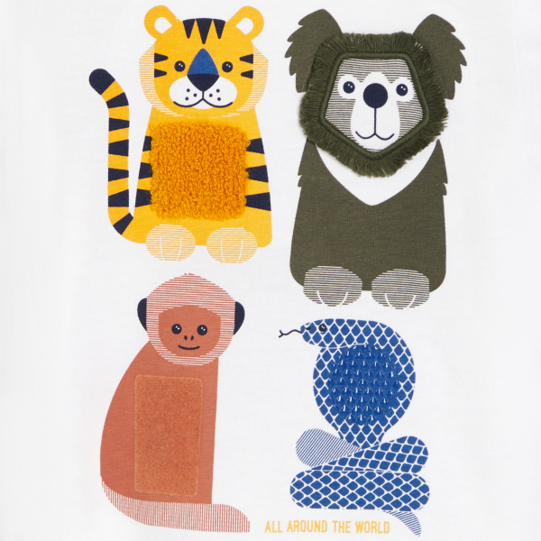 تيشيرت برسوم حيوانات بارزة لتطوير الحواس، باللون الأبيض للأطفال الصغار